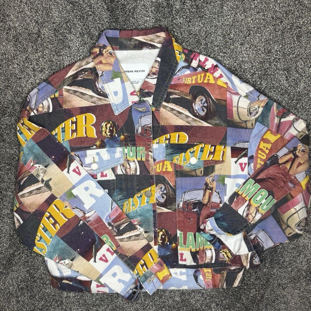 Urban Revivo Graphic Print Denim Trucker Jacket Women S Retro Art Streetwear Y2K